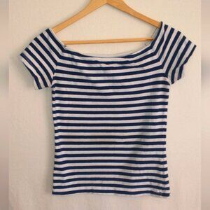 90's Y2K Boat neck Striped Navy and White Women's Top Small Sailercore